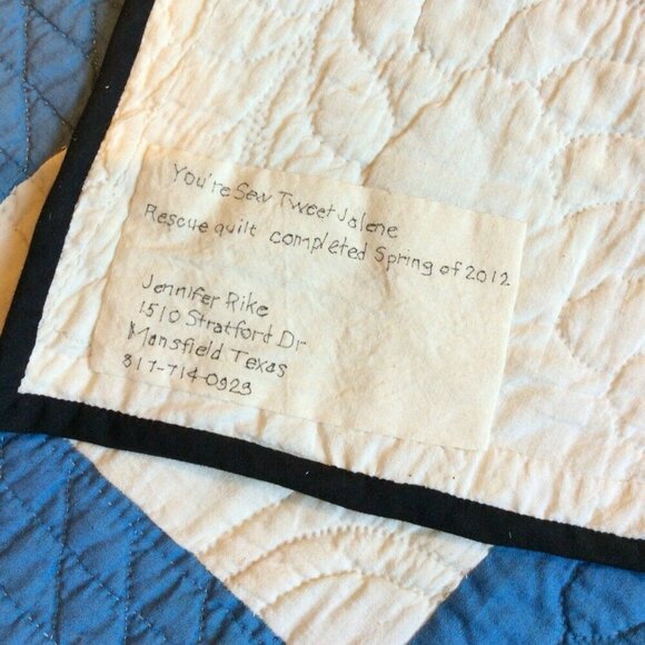 Handmade Four Patch Squares Quilt Embroidered Love Birds Blue White STAINED - Picture 6 of 12